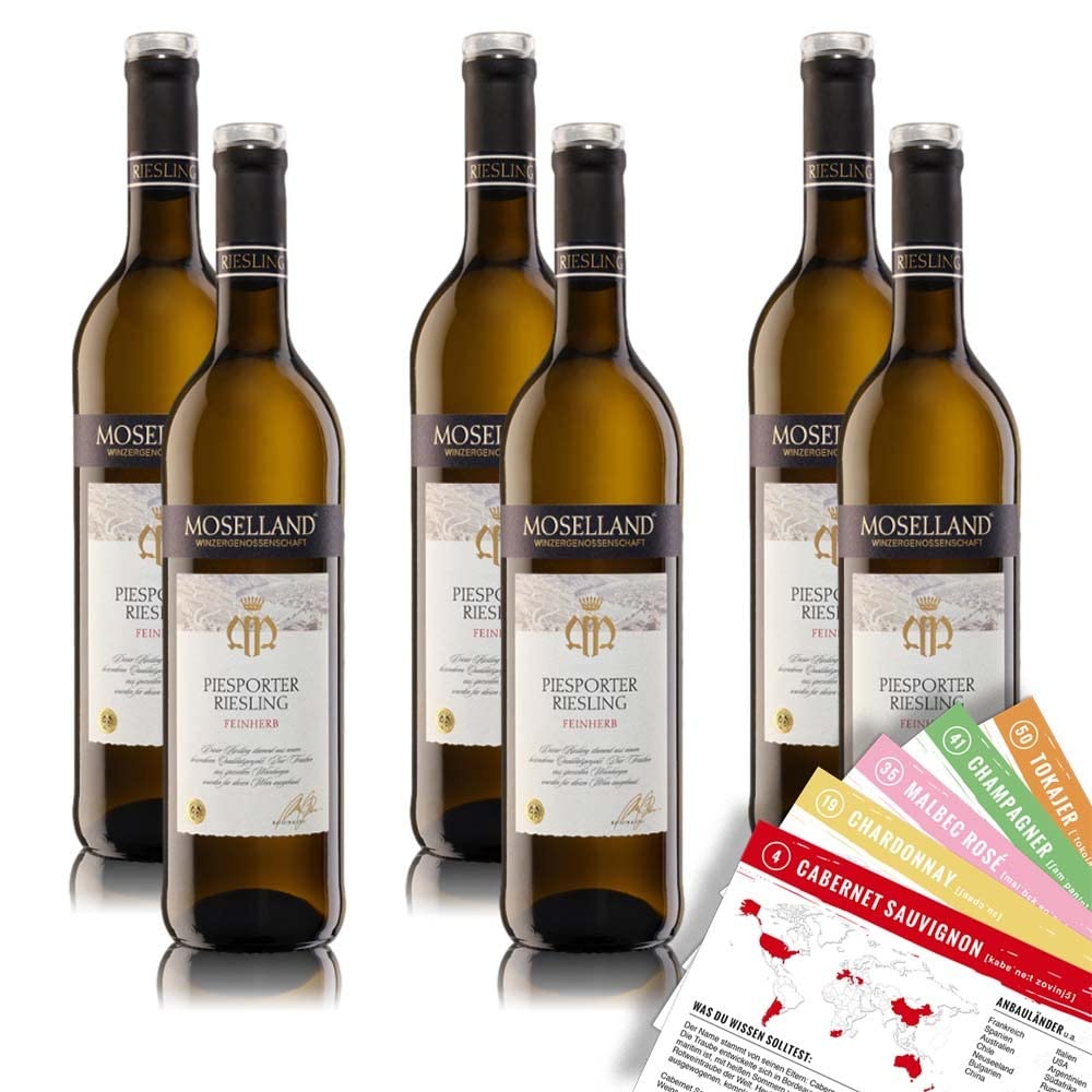 Moselland Piesporter Riesling, feinherb, sortenreines Weinpaket + VINOX Winecards (6x0,75l)