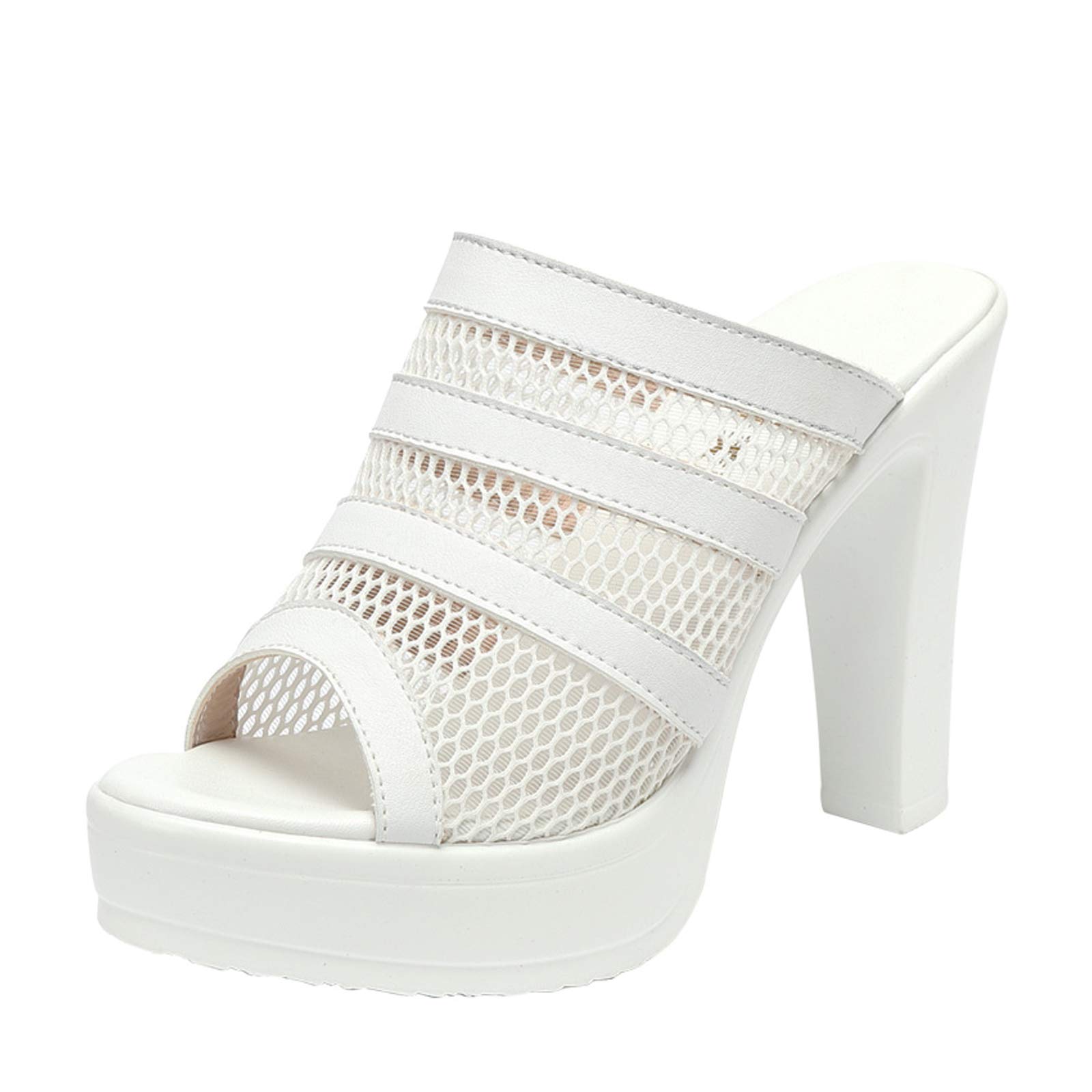 Enelauge Women's Platform Chunky Block High Heels Slide Mule Slip On Peep Toe Summer Sandal White 42-9.5US