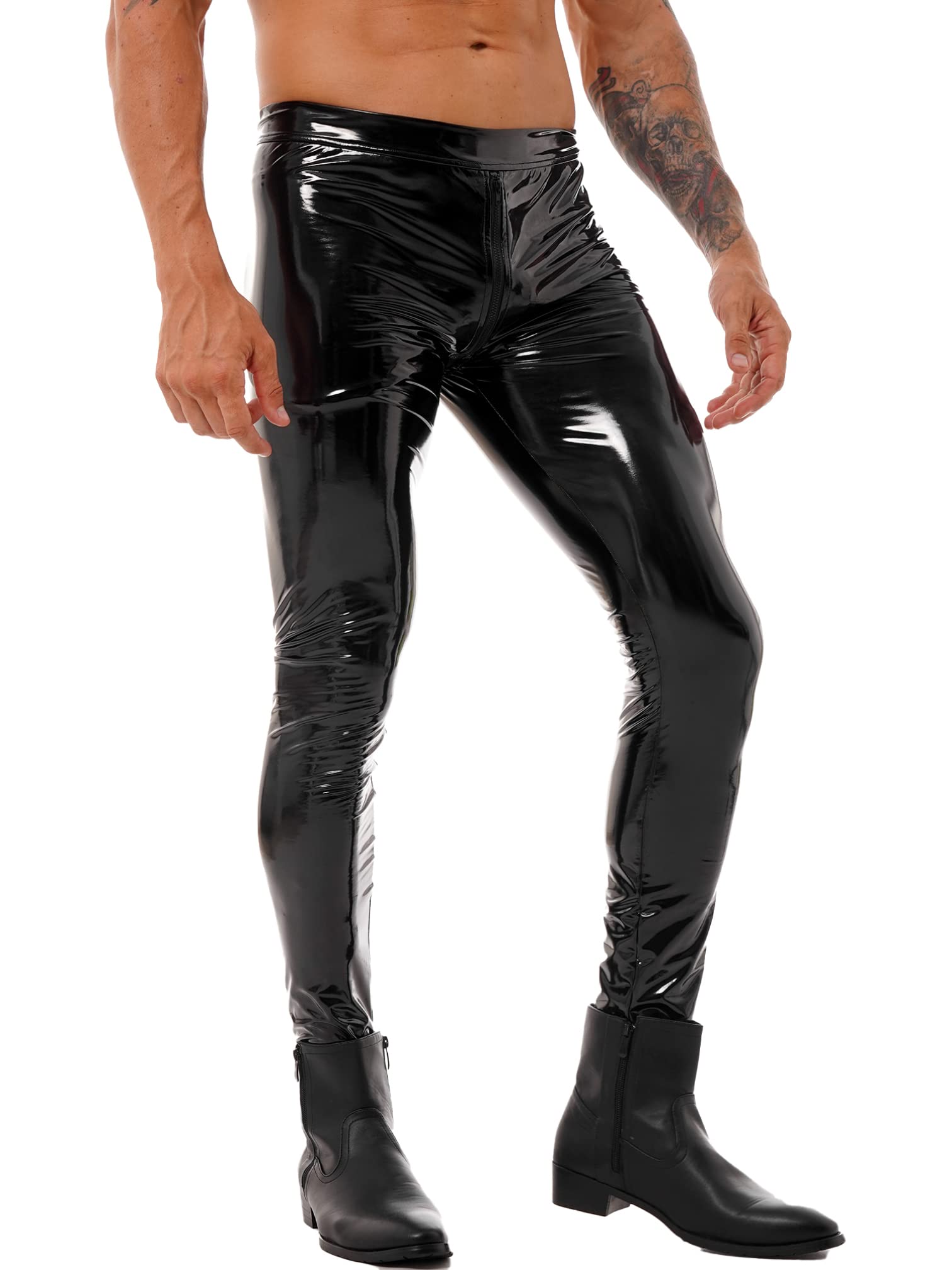 MSemis Herren Lack Leder Hose Pants Wetlook Leggings Skinny mit Reißverschluss Elastisch Lackoptik Lederhose Slim Fit