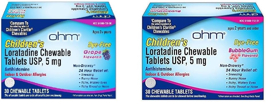 Ohm Childrens Loratadine Chewable Tablets, 2 Flavors, Treats Indoor & Outdoor Allergies