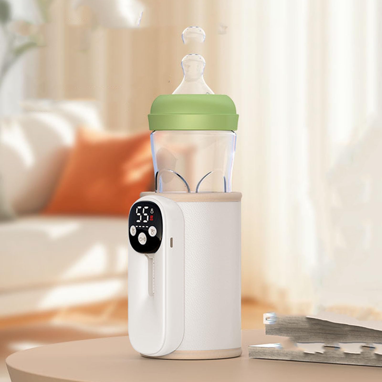 Wakects Tragbarer Flaschenwärmer, ABS-Material, Schnelle Erwärmung, Dual-Modi, 11 Temperatureinstellungen für die Babyernährung auf Reisen Im Freien (Beige)