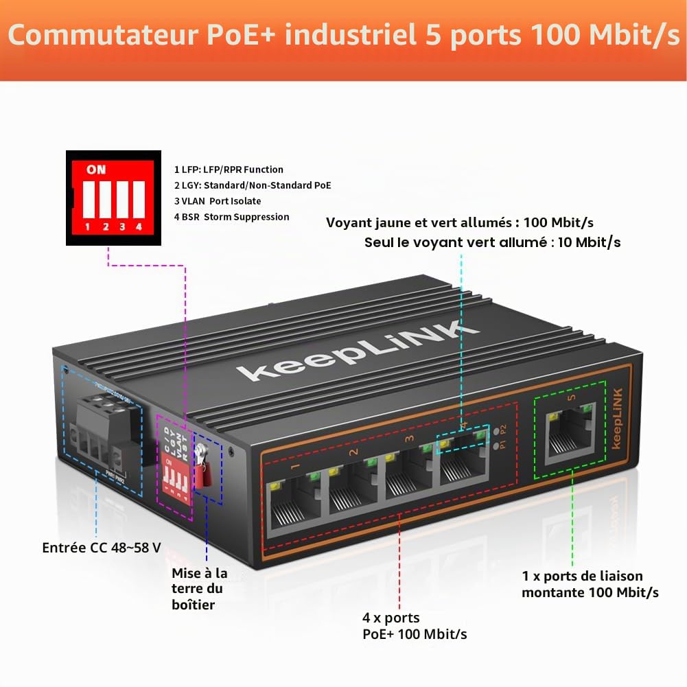 Commutateur PoE pour réseau Industriel Non géré 5 Ports, DIN Rail Mount Fast Ethernet 125 W, température opérationnelle IP40 -30° à 75°C (-22° à 167°F)