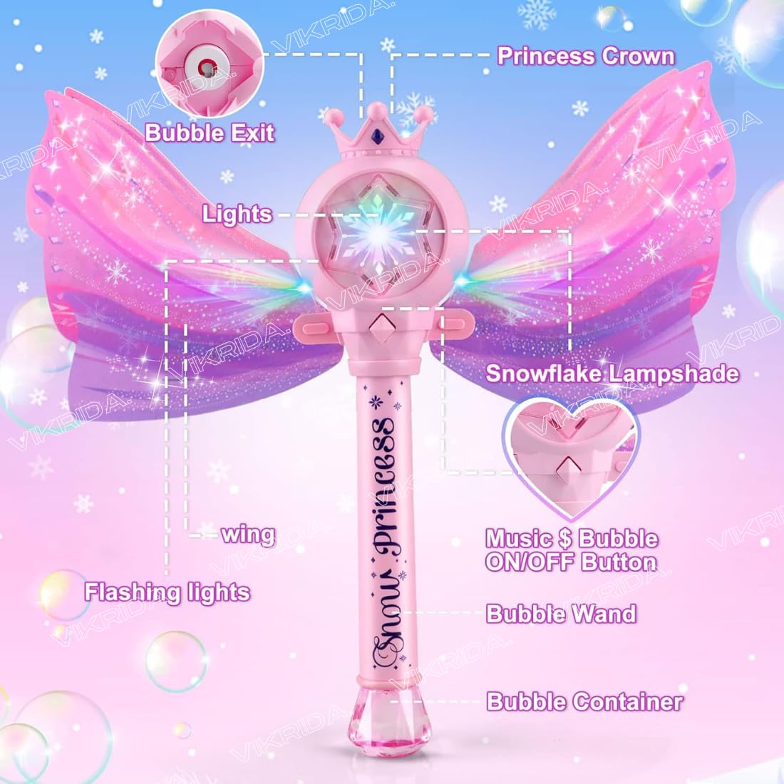 VikriDA Bubble Wands for Kids with LED Light & Music - 1 Bubble Solution Bottle - for Indoor Outdoor Birthday Party Celebration 4