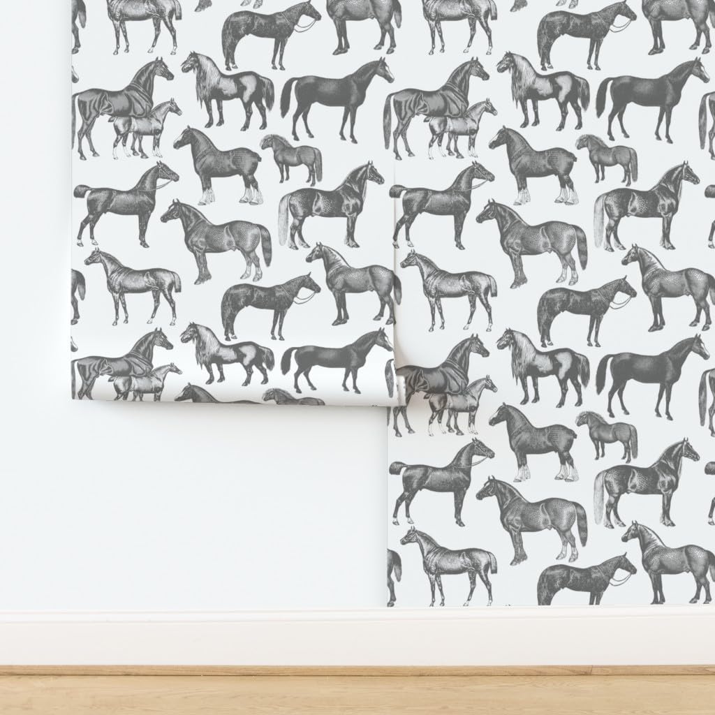 Spoonflower Commercial Grade Wallpaper 27ft x 2ft - Victorian Horses Large Print Black White Vintage Style Pony Equestrian Traditional Wallpaper