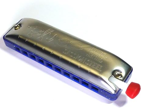 TurboSlide - Custom Session Steel Harmonica with Magnetic Slide Whammy Bar in Variety of Keys and Comb Colors Key of E, Blue Sparkle Comb