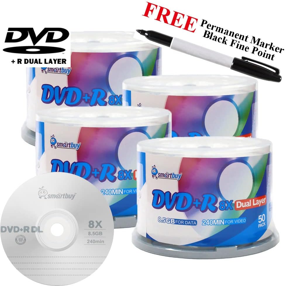 Smartbuy 200-disc 8.5GB/240min 8X DVD+R DL Logo Top Blank Media Record Disc + Black Permanent Marker