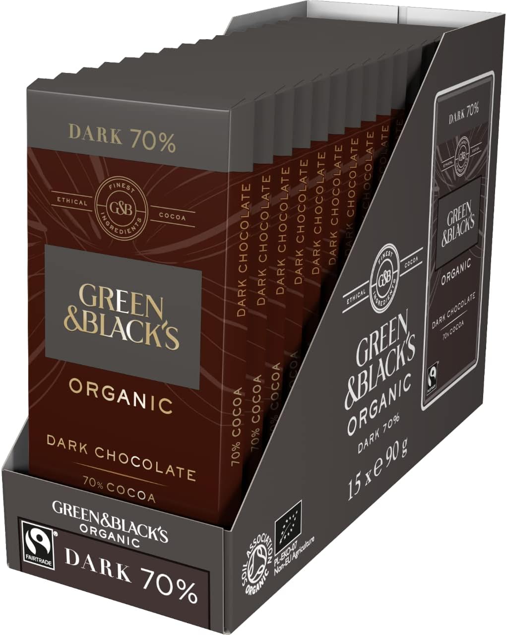 Organic Dark Chocolate Bar, 70% Cocoa, Rich & Intense, 90 g (Pack of 15)