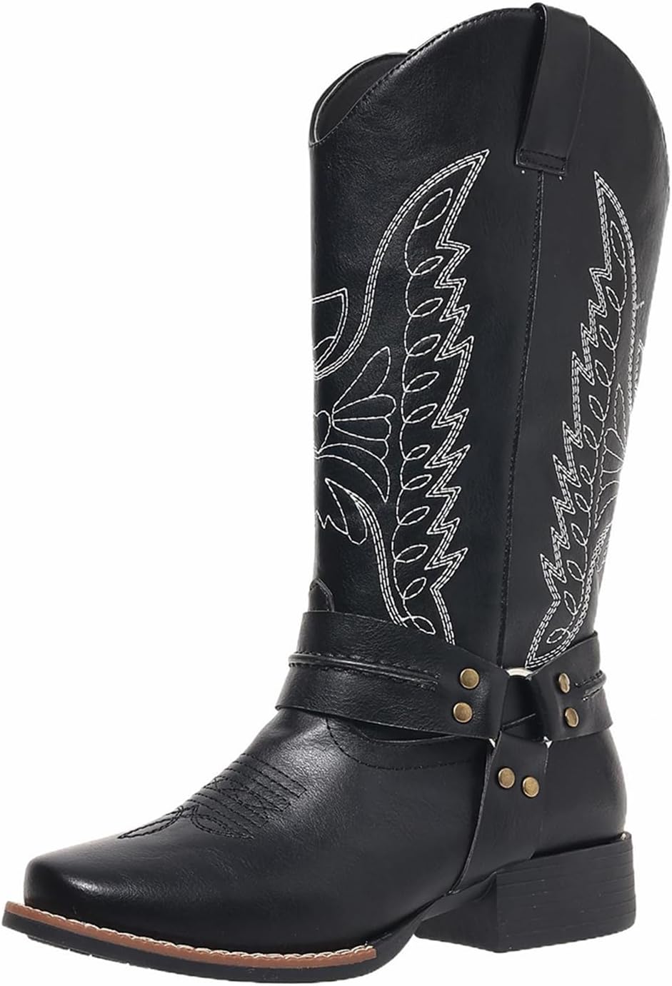 HINDOLA Mid Calf Cowboy Boots for Women Wide Calf Western Cowgirl Boot Square Toe Chunky Block Heel Classic Fashion Boots
