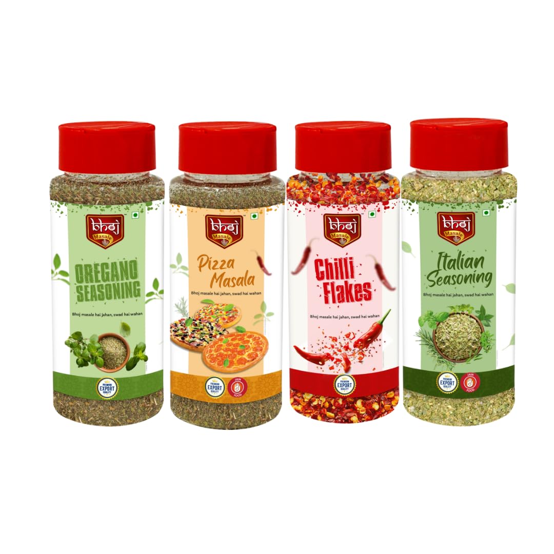 Bhoj Masale Oregano Seasoning 50gm + Pizza Masala 50gm + Chilli Flakes 50gm + Italian Seasoning 50gm | COMBO PACK OF 4 Jain Seasonings (B0CTC9Z62F) Amazon Price History, Amazon Price Tracker
