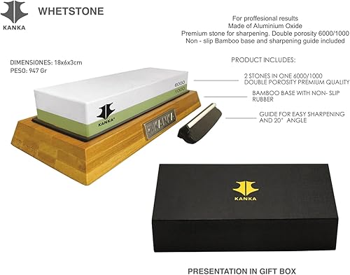 Miniatura 2 de KANKA Piedra de afilar profesional de alta calidad, piedra de afilar cuchillos de grano 2 lados, 10006000, afilador de cuchillos Waterstone con base