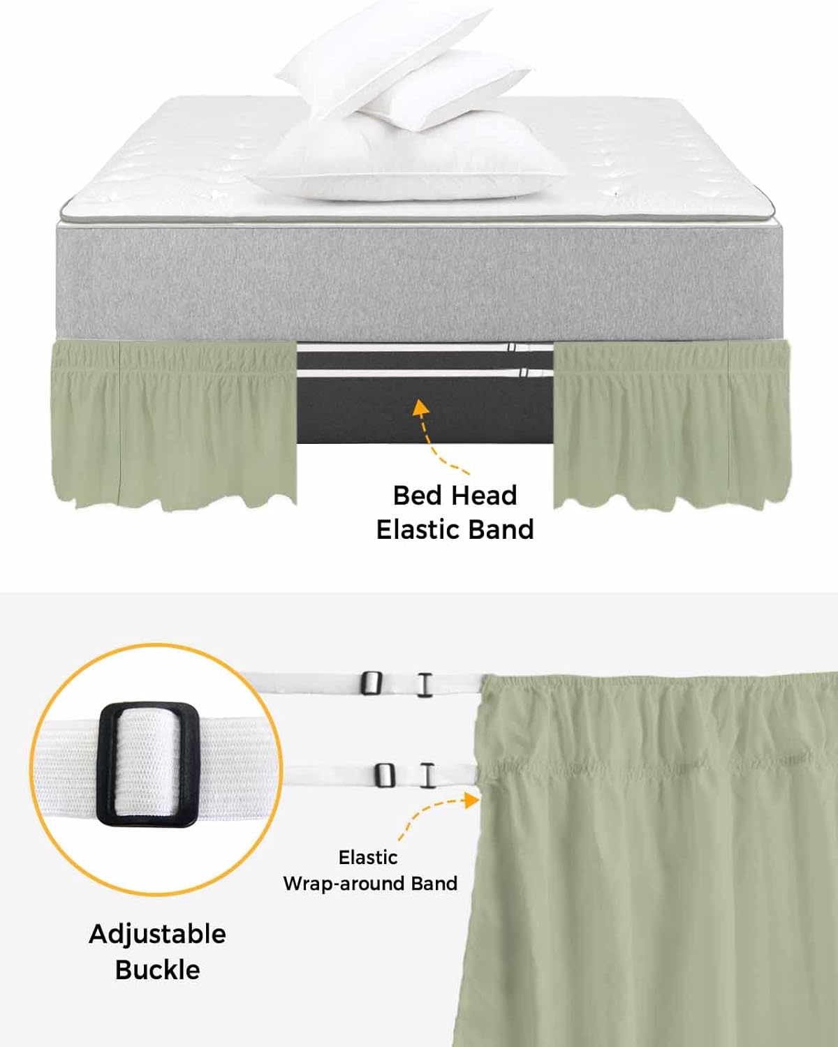 Sage Green Bed Skirt Queen Size 16 Inch Drop, Farmhouse Pure Sage Green Adjustable Elastic Bedskirt Dust Ruffle for Queen Bed, Modern Art Decor Wrap Around Bed Skirts Pleated Bed Frame Cover