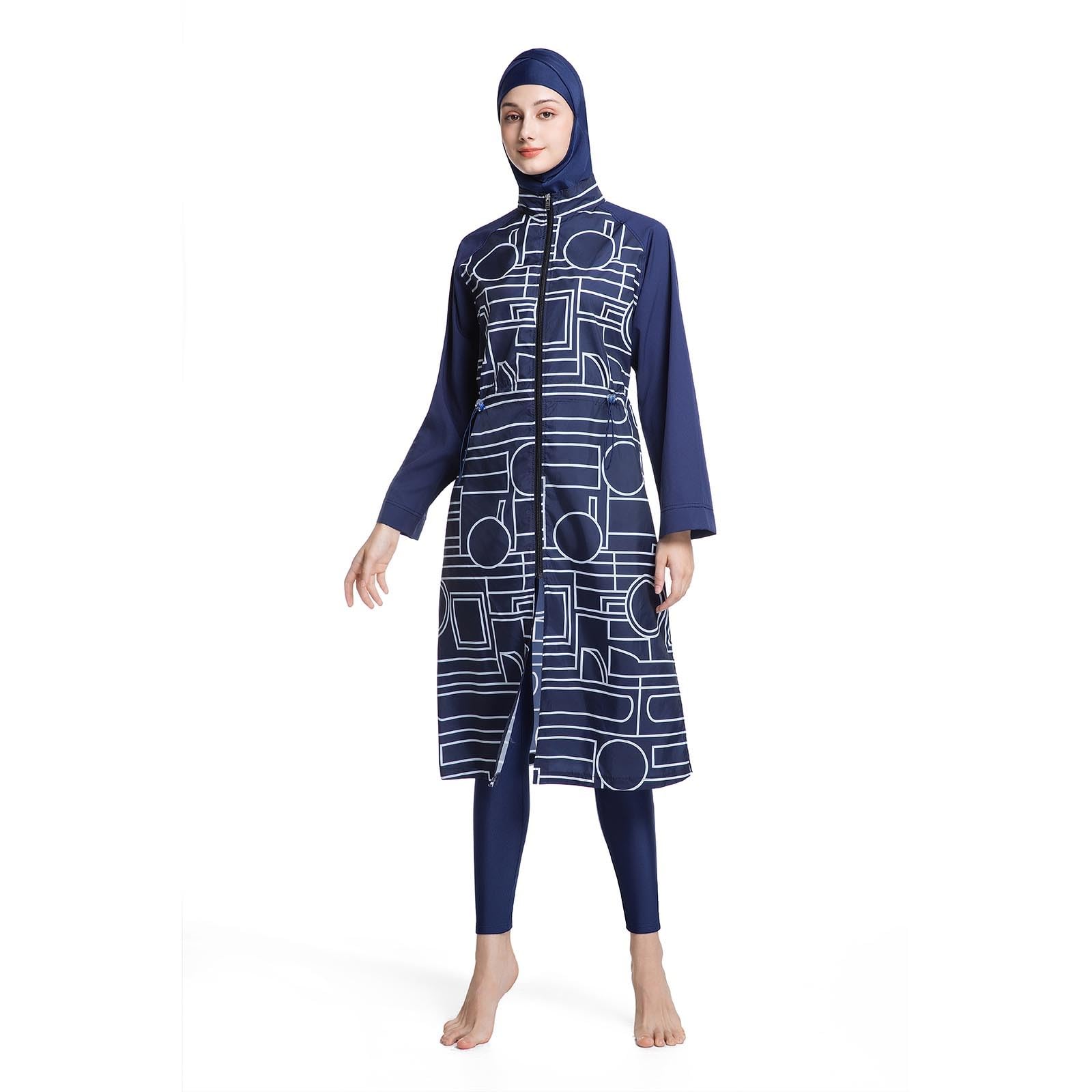 Generisch Badeanzug Damen Muslim Große Größen 3tlg Set Rash Guard Langarm Ganzkörper Schwimmanzug Schwimmkleid + Schwimmhose + Hijab Badeanzug Islamische Schwimmkleidung UV Schutz