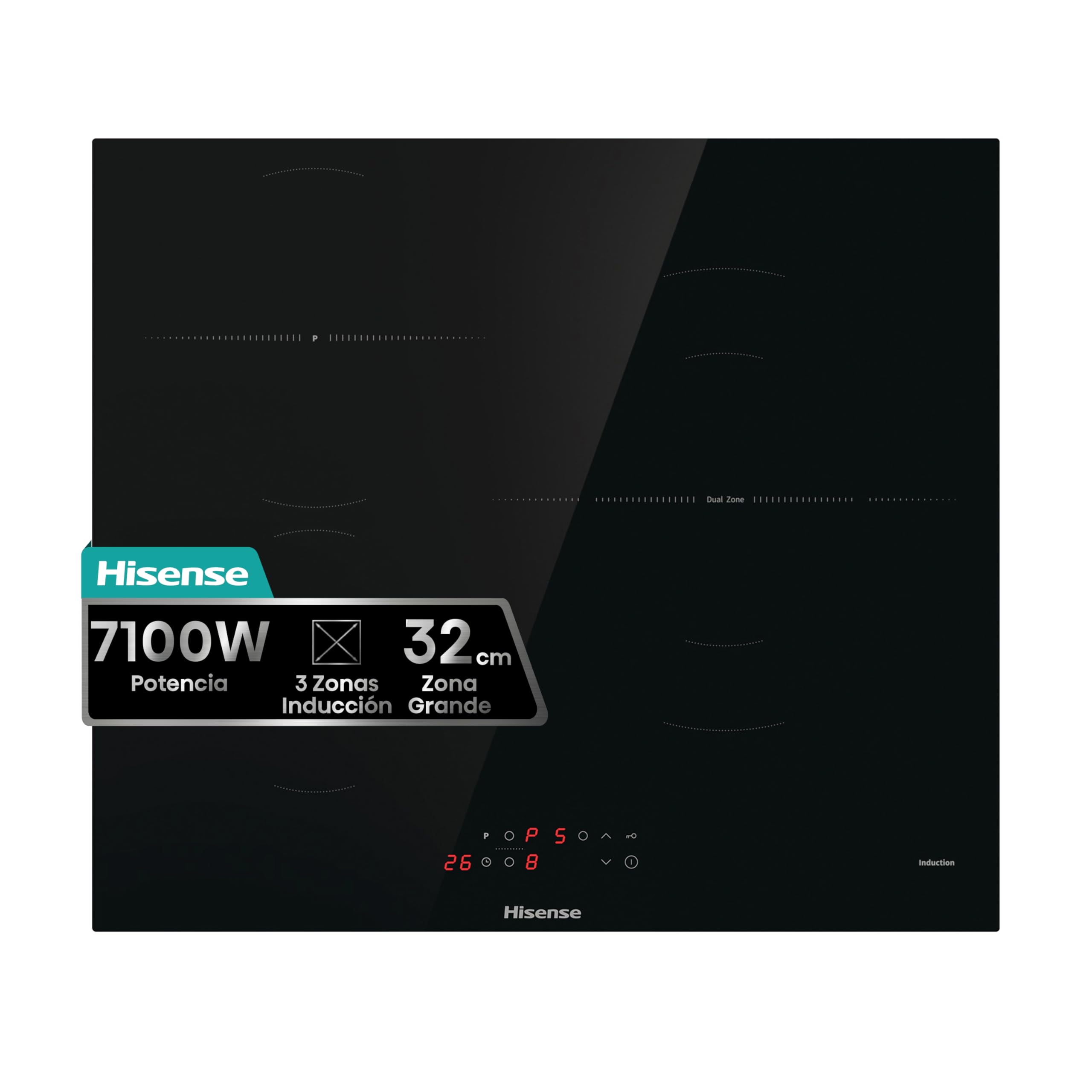 Hisense HI6321BSOLCE - Placa Inducción 3 zonas, 1 con foco gigante 32 cm, 2 conectadas entre si área Bridge, encimera de 60 cm, bloqueo infantil y terminación biselada