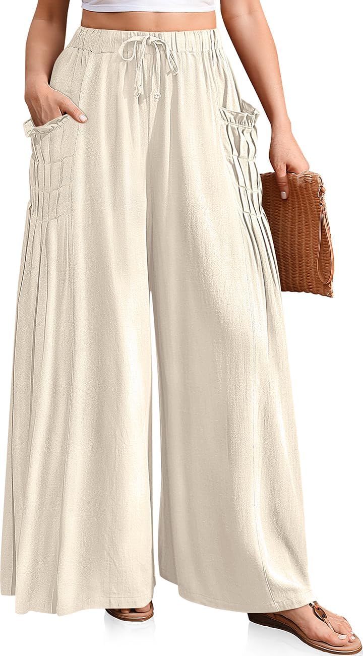 TARSE Women Linen Palazzo Pants Summer Wide Leg Boho Drawstring Casual Lounge Pant Beach Travel Vacation Outfits