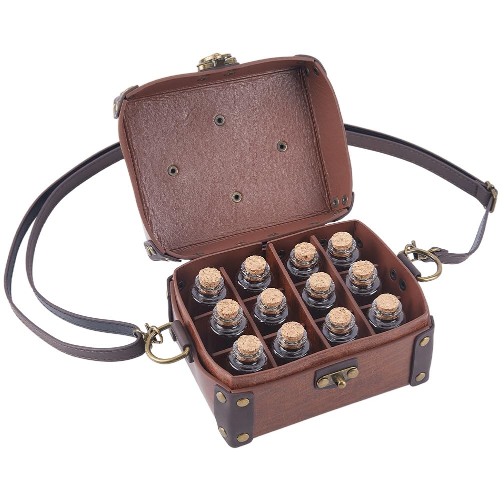 Coffret D'Alchimie Médiéval en Cuir PU avec 12 fiole de Potion en Liège Sac Bandoulière Portable Porte Dés pour Bijoux et Jeux de Rôle (D&D) Sac Banane pour Homme et Femme Costume