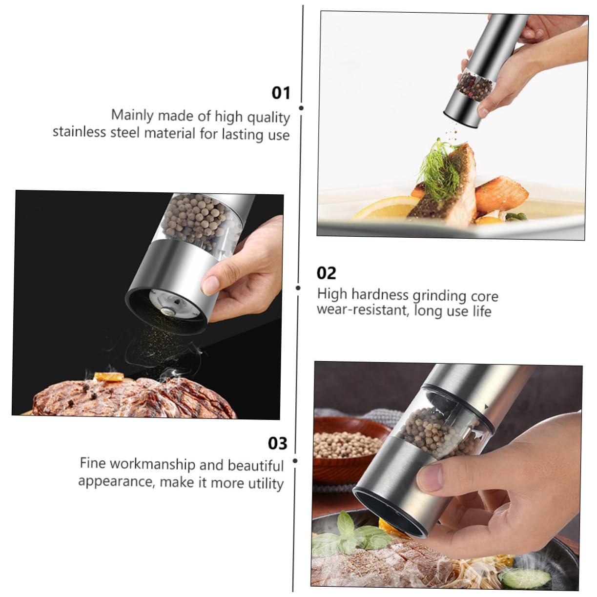 SOLUSTRE 2pcs Stainless Steel Electric Pepper Mill Easy Clean Grinder with Core Sleek Design for Home Restaurant Use No Batteries Required Silver Finish
