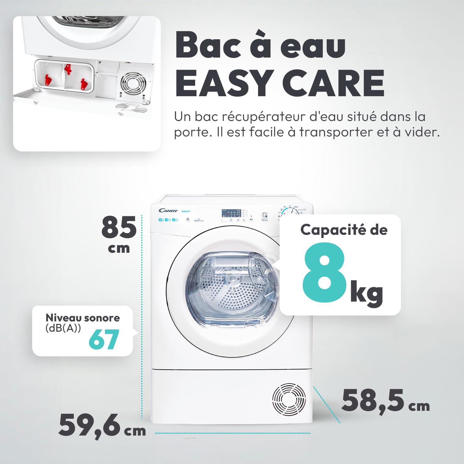 CANDY Sèche-Linge Pompe à Chaleur 8 Kg Classe Énergétique E NFC Départ Différé Bac à Eau Easy Case Blanc 85 x 59,6 x 58,5 cm CSE H8A1LE-S