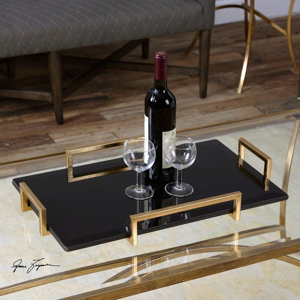 Ettore 24" Wide Gold Leaf and Black Modern Luxe Glass Tray