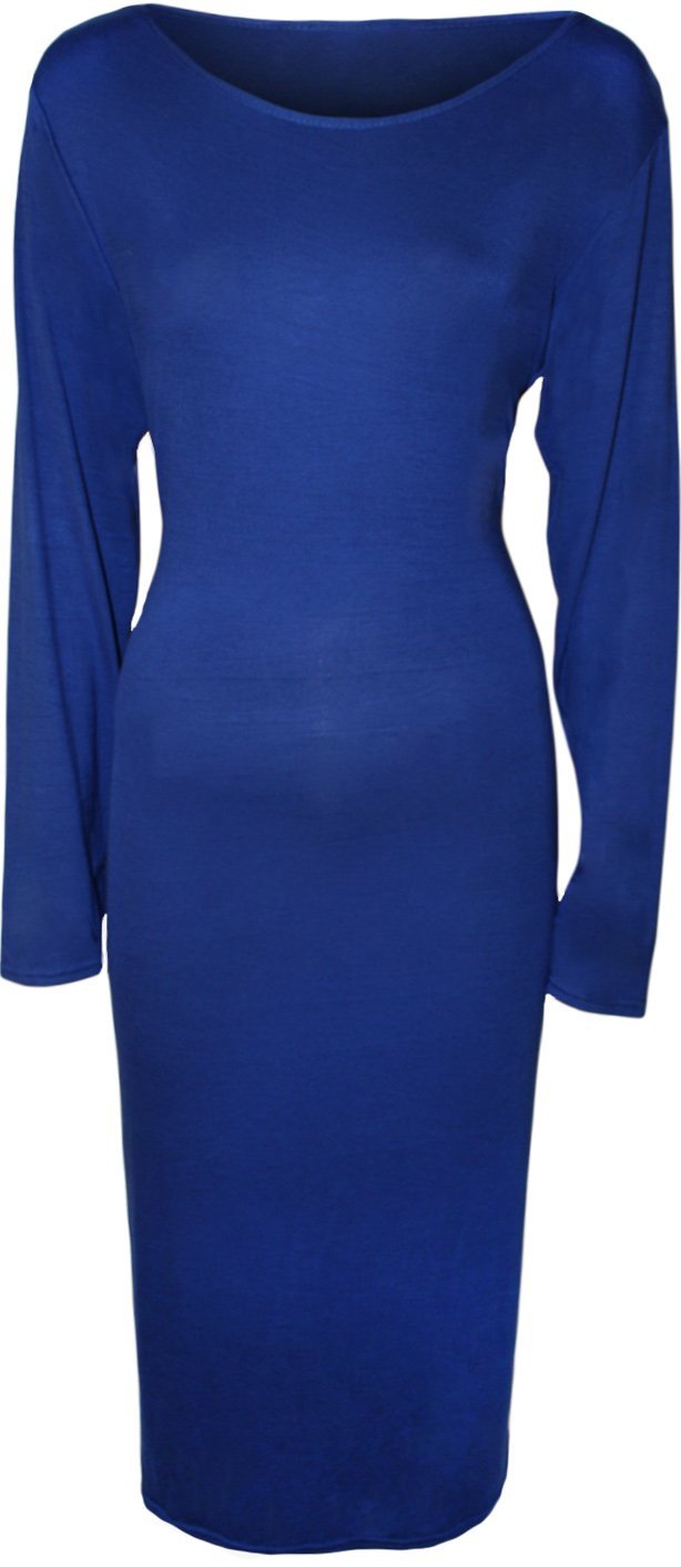 WearAll Womens Plus Size Plain Long Sleeve Bodycon Ladies Stretch Midi Dress - Royal Blue - 24-26