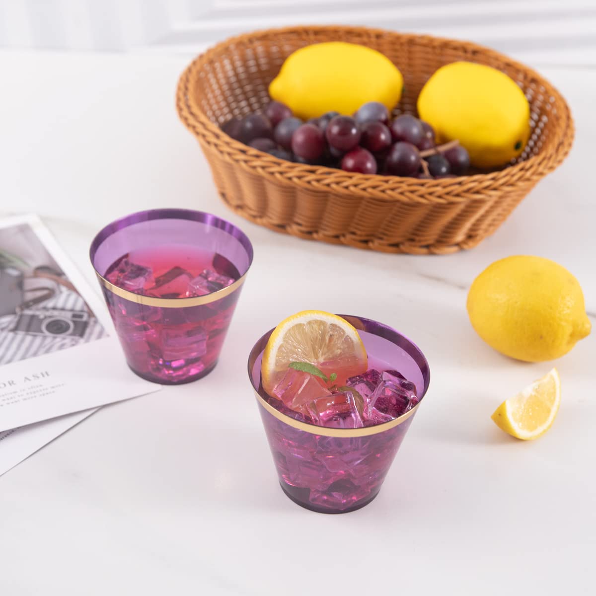 LUODA 150PCS New Year Purple Plastic Cups,9oz Purple Disposable Cups with Gold Rim, Old Fashioned Tumblers Gold Rimmed Plastic Cups for Any occasion: Weddings, Parties, Business Events