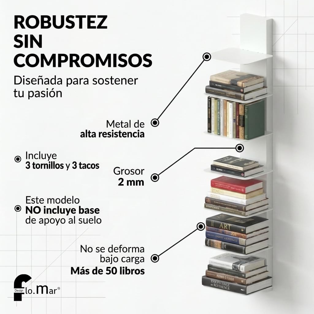 Flo.mar Librería Estantería Vertical de Pared en Metal Resistente con 7 Estantes 20x15 cm, Estanterías Metálicas Modernas para Libros Hogar y Oficina (Blanco, 103 cm)