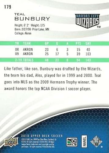 Miniatura 2 de 2010 Upper Deck MLS #179 Teal Bunbury RC Rookie Card Kansas City Wizards Official Soccer Card in Raw (NM or Better) Condition