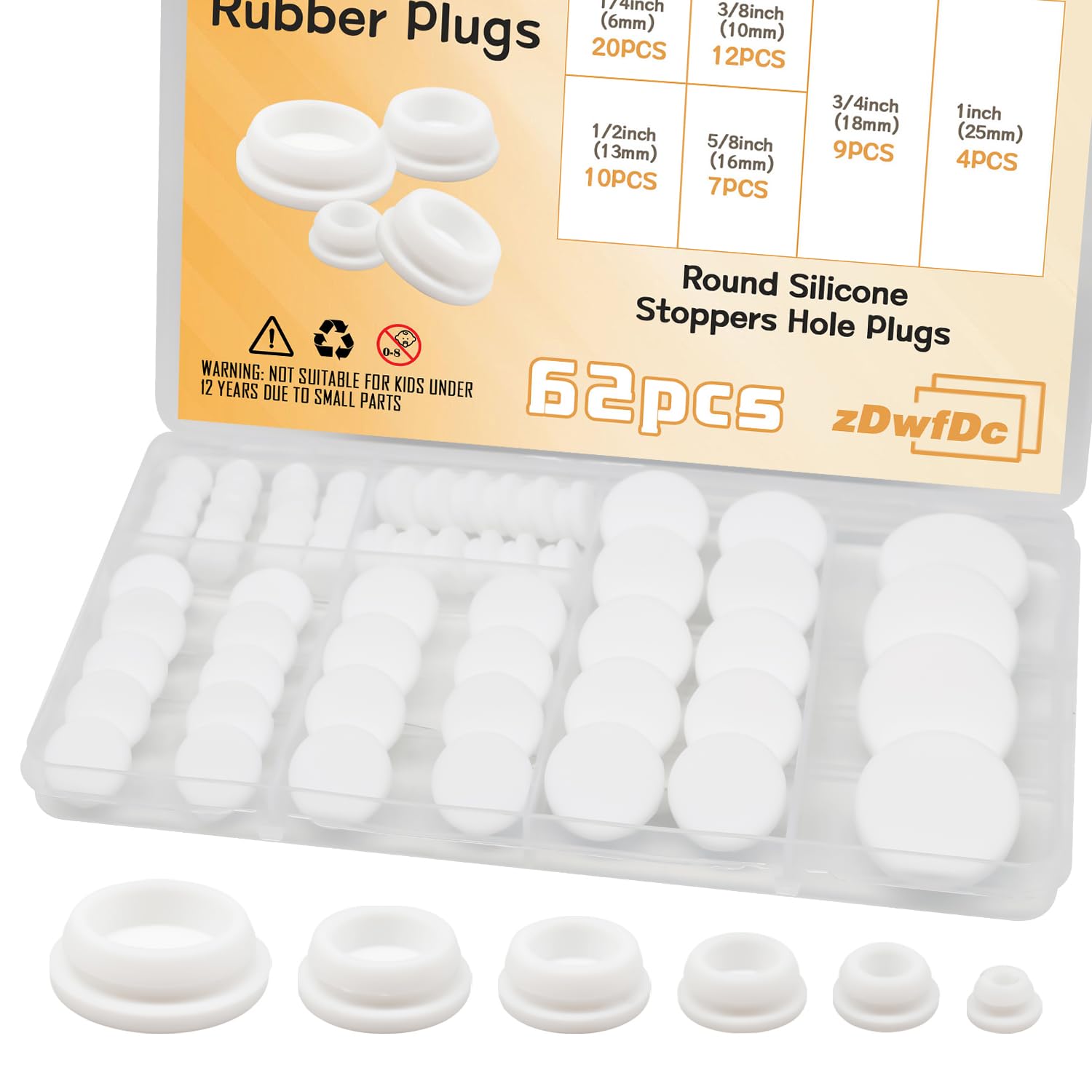 62PCS 6 Sizes White Rubber Hole Plugs for Round Holes Silicone Plugs, 1" 3/4" 5/8" 1/2" 3/8" 1/4" Round Rubber Plug Snap Locking, Used for Furniture DD036-w