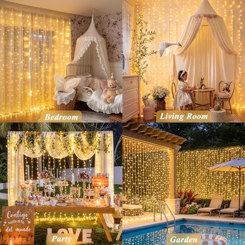 Image of JMEXSUSS USB Plug in Curtain Lights 200 LED with 8 Modes, 6.5ftx6.5ft | Remote, Warm White Curtain Fairy Lights, String Lights for Bedroom, Classroom, Dorm, Wedding, Xmas, Party Decor