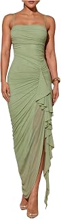 Women's Wedding Guest Dress Spaghetti Strap Ruched Bodycon Maxi Formal Cocktail Dresses