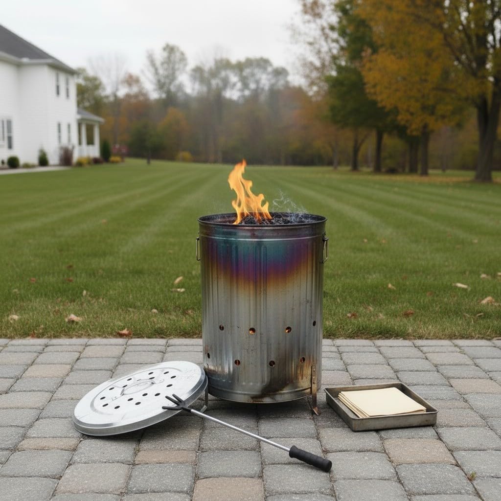 Plexon 20 gal. Galvanized Steel Composter/Rubbish Burner with Perforated Lid and Folding Handle, Optional Support Legs Included, Silver