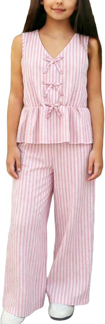 Girls 2 Piece Waistcoat Set V Neck Sleeveless Blazer Vest Wide Leg Pants Elegant Button Up Dressy Casual Suit