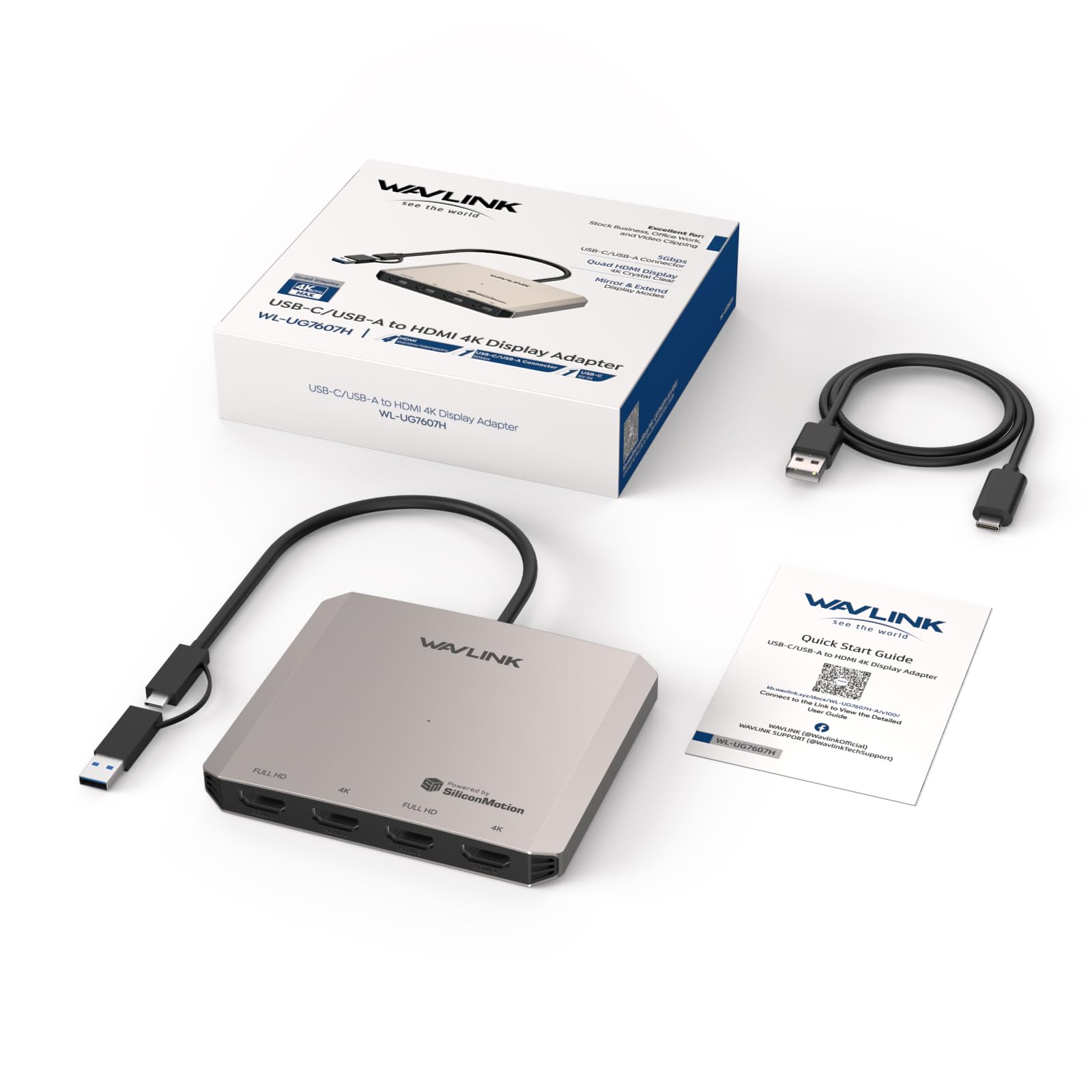 Adaptateur USB C vers HDMI, WAVLINK Adaptateur Quadruple Moniteur pour Systèmes macOS M1/M2/M3/M4. Hôtes Type-C/A, 4 HDMI, Pilote SMI Requis | Universal USB A vers HDMI Extended Dual Triple Display pour Windows, Macbook Neo, Mac M1-M5 Driver requis