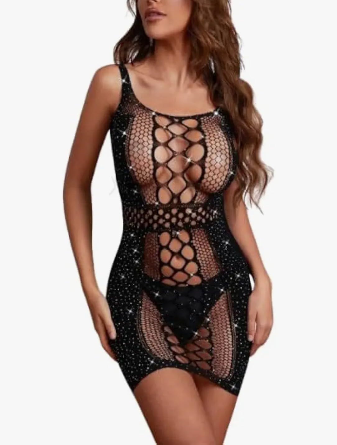 Black Fishnet Cut-Out Bodycon Lingerie Dress with Spaghetti Straps for Women