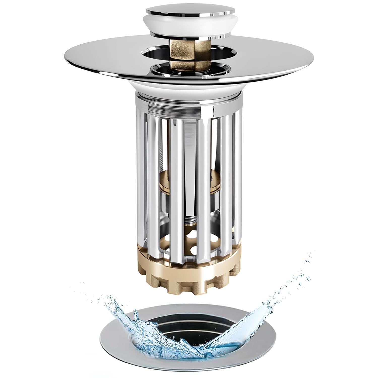 Bathroom Sink Drain Strainer 3 in 1 Pop Up Bathroom Sink Stopper with Removable Brass Basket Hair Catcher