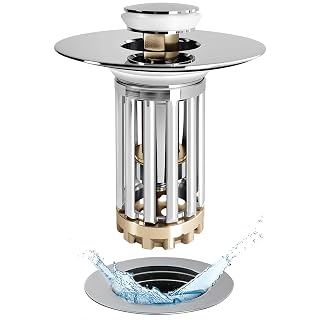 Bathroom Sink Drain Strainer, 3 in 1 Pop Up Bathroom Sink Stopper with Removable Brass Basket Hair Catcher, Universal Sink Plug for 1.06 to 1.6in Drain Hole, Chrome Silver - Amazon product rated Grade A