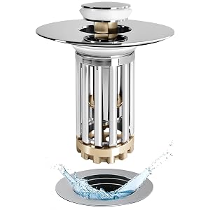 Bathroom Sink Drain Strainer 3 in 1 Pop Up Bathroom Sink Stopper with Removable Brass Basket Hair Catcher