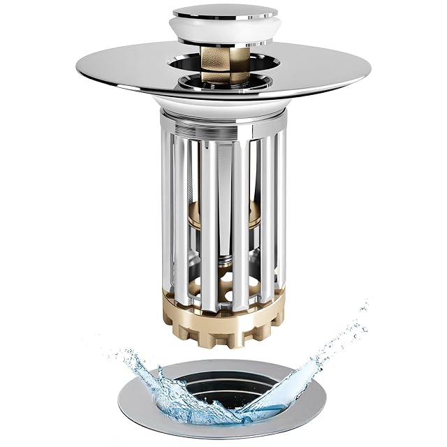 Bathroom Sink Drain Strainer 3 in 1 Pop Up Bathroom Sink Stopper with Removable Brass Basket Hair Catcher
