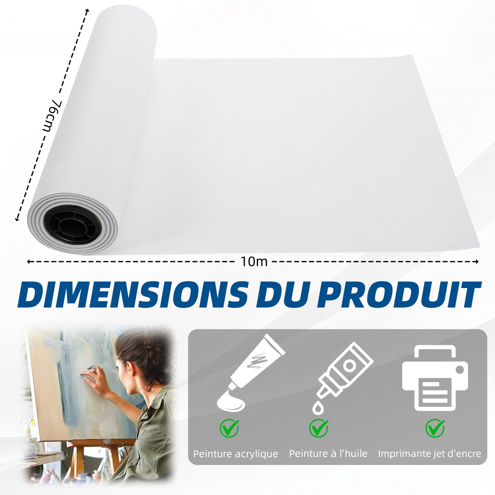 Rouleau de toile en pur coton 280 g/m², toile lourde pour impression couleur haute définition, convient à la peinture acrylique, à l'huile et à jet d'encre. (76 cm x 10 m)