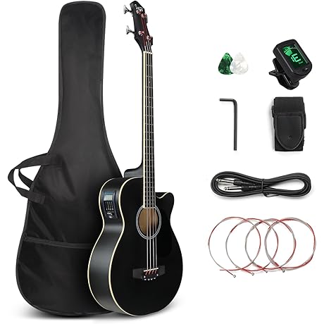 GLARRY Acoustic Electric Bass Guitar Beginner Kit: Cutaway 4-String Bass Guitar with Extras
