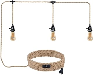 3 Plug-in Pendant Lights Kit - Hemp Rope Cord with Switch, 22 Ft Length,...