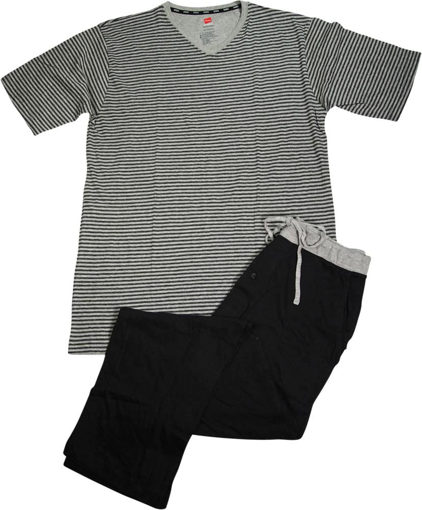 Mens Striped Short Sleeve Knit Pajama Set, Grey, Black 39947-XX-Large