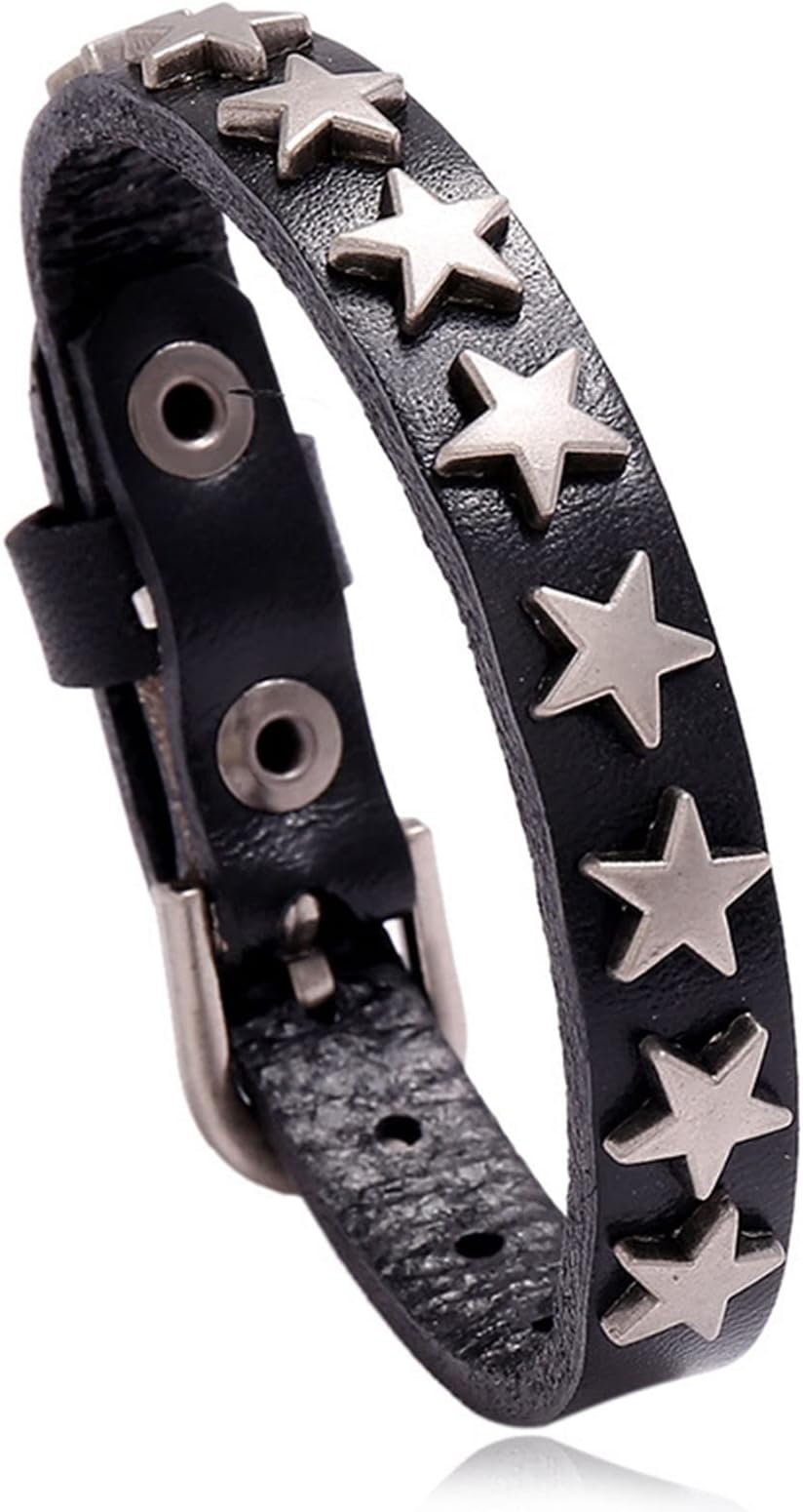 FeiYeup Star Bracelet Vintage Leather Bracelet Alloy Star Wristband Wide Cuff Bracelets Jewelry Punk Rock Bracelet for Women Men