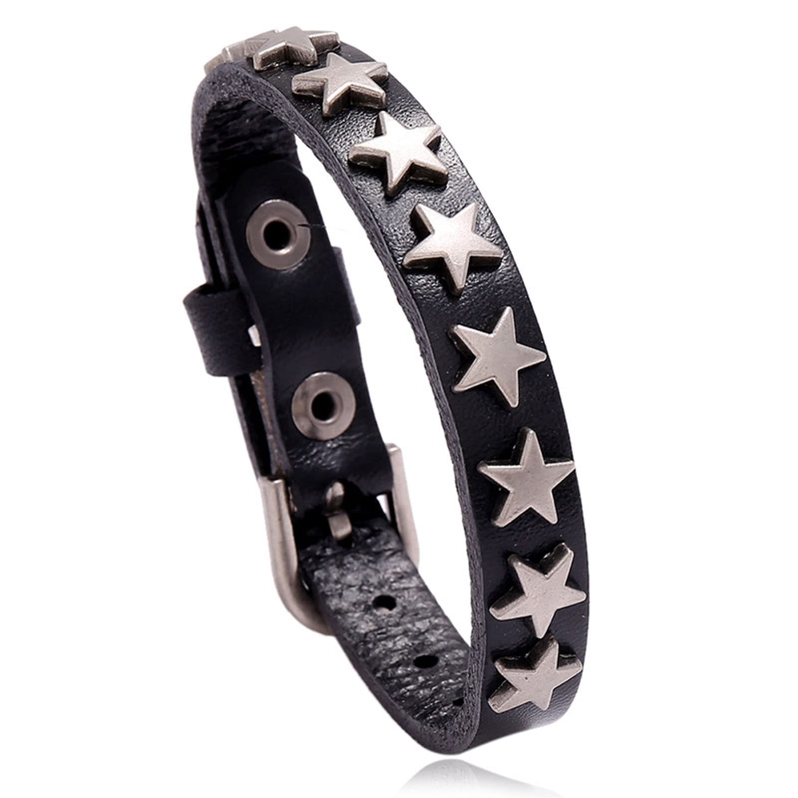 Hyclam Women's Black Vintage Leather Bracelet Alloy Star Wristband Wide Cuff Bracelets Jewelry Punk Rock Biker Bracelet For Men