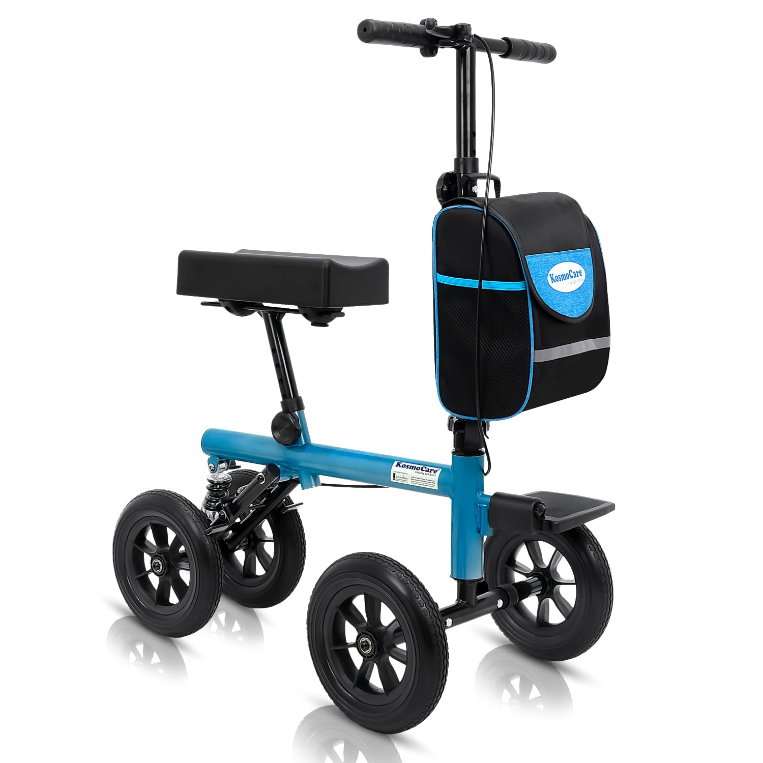 KosmoCare Knee Walker Scooter | Height Adjustable Crutch Alternative for Broken Leg, Foot & Ankle Injury | Steerable Folding Knee Scooter with Brakes, Suspension & 25cm Wheels – Blue