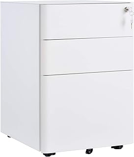 Vinsetto Metal Filing Cabinet 3 Drawer, Vertical File Cabinet with Lock, Mobile Office Cabinet with Wheels for Legal, Letter, A4 File, White