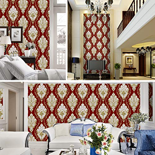 Jz·home Jz26 Red Luxury Damask Wallpaper Rolls, Metal Lace Texture Embossed Victorian Wallpaper Bedroom Living Room Hotel Wall Decoration 20.8"X 31Ft #TOP1