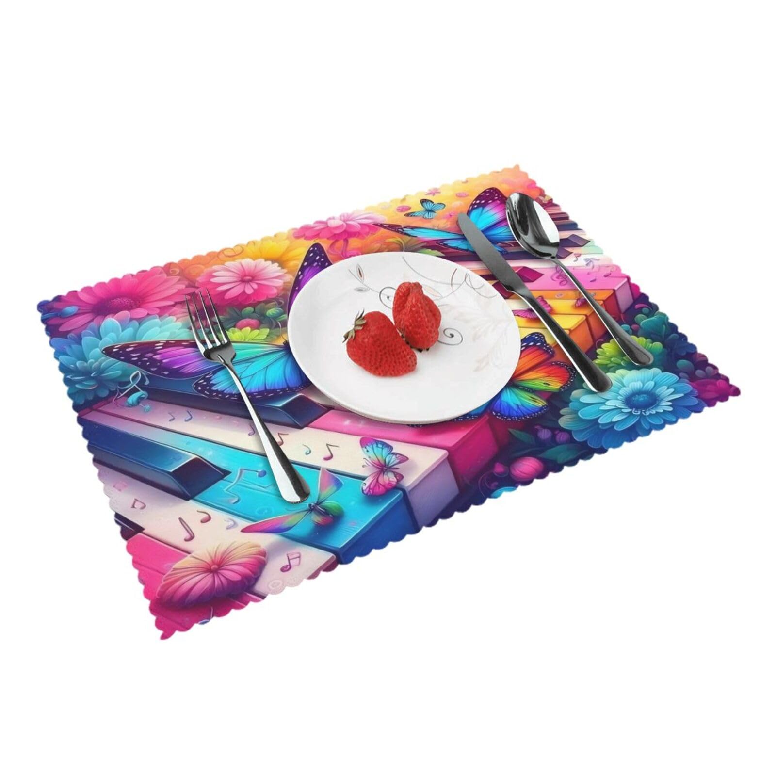 Colorful Music Notes Butterfly Flower Piano Placemats Set of 4 Print Table Mats Place Mats Table Decor for Kitchen Dining 12X18 in