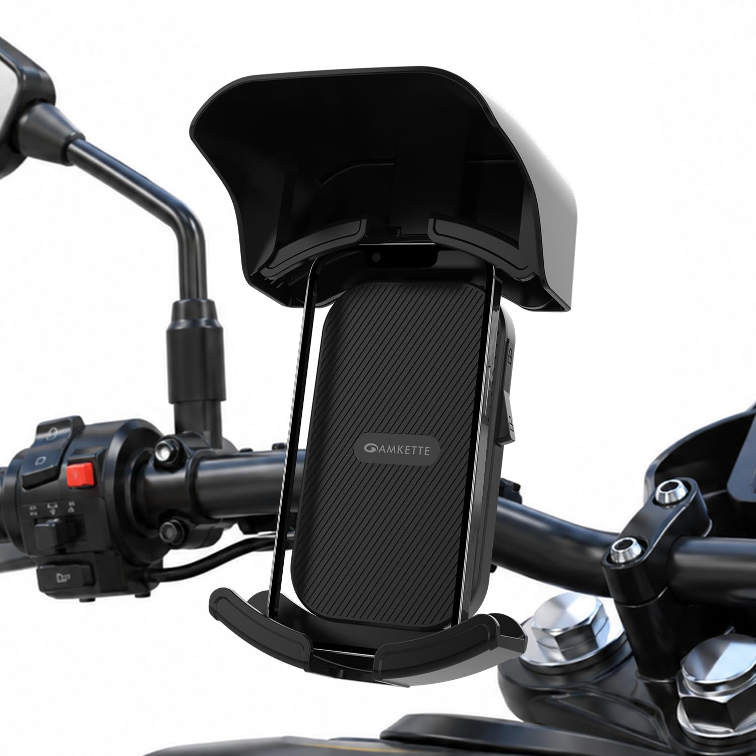 Amkette iGrip Secure X2 Mobile Holder for Bike & Scooty with Handlebar Mount, One Press Lock & Unlock, Built in Sunshade, Anti Slip Silicone Grip, 4 Corner Clamping, Compatible with 4.7”–7” Smartphone-picture-26