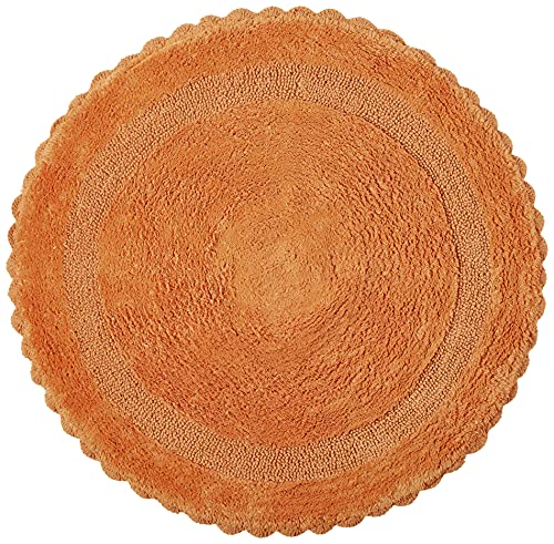 Saffron Fabs Bath Rug Cotton 36 Inch Round, Reversible - Different Pattern On Both Sides, Orange, Hand Knitted Crochet Lace Border, Machine Washable