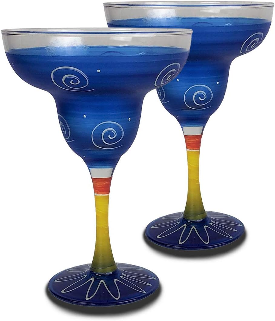 Hand Painted Margarita Glasses Set of 2 - Peruvian Splendor Purple Collection - Hand Painted Glassware by USA Artists - Unique and Decorative Margarita Glasses, Kitchen Table Décor